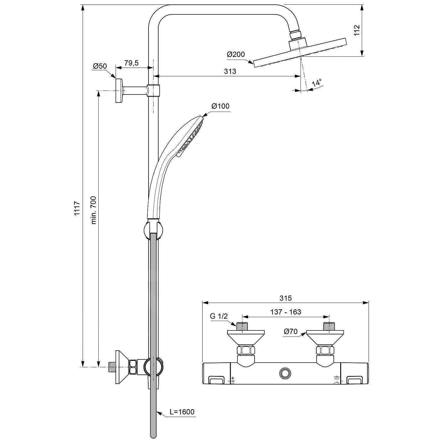 Ideal Standard CeraTherm - T25 Doucheset Met Thermostaat 200 Mm, 3 Stralen, Chroom A7208AA 4 Ideal Standard CeraTherm - T25 Doucheset Met Thermostaat 200 Mm, 3 Stralen, Chroom A7208AA - Afbeelding 2