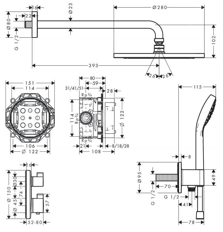 Hansgrohe Croma - Doucheset 280, Met Ecostat S Inbouw Thermostaatkraan, Chroom 27954000 4 Hansgrohe Croma - Doucheset 280, Met Ecostat S Inbouw Thermostaatkraan, Chroom 27954000 - Afbeelding 2